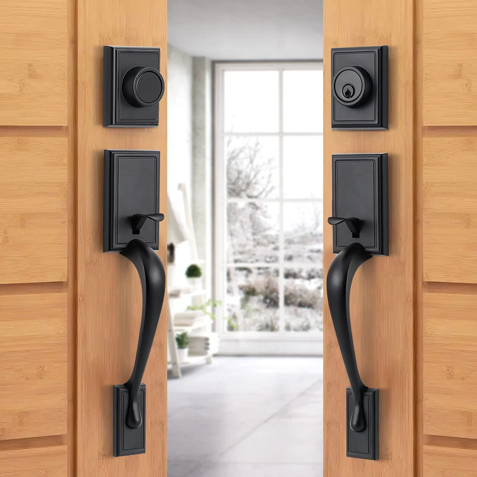 Natsukage Heavy Duty Double Door Handle Set Matte Black | Reversible Lock with Dummy & Deadbolt - main product image