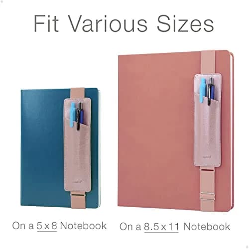 diodrio Adjustable Elastic Band Pen Holder, Pencil Holder, Pen Sleeve Pouch for Hardcover Journals, Notebooks, Planners, Binders, Fit Notebooks from 8" to 11” in Height, PU Leather, Detachable, Rose Gold | Rose Gold thumbnail 4