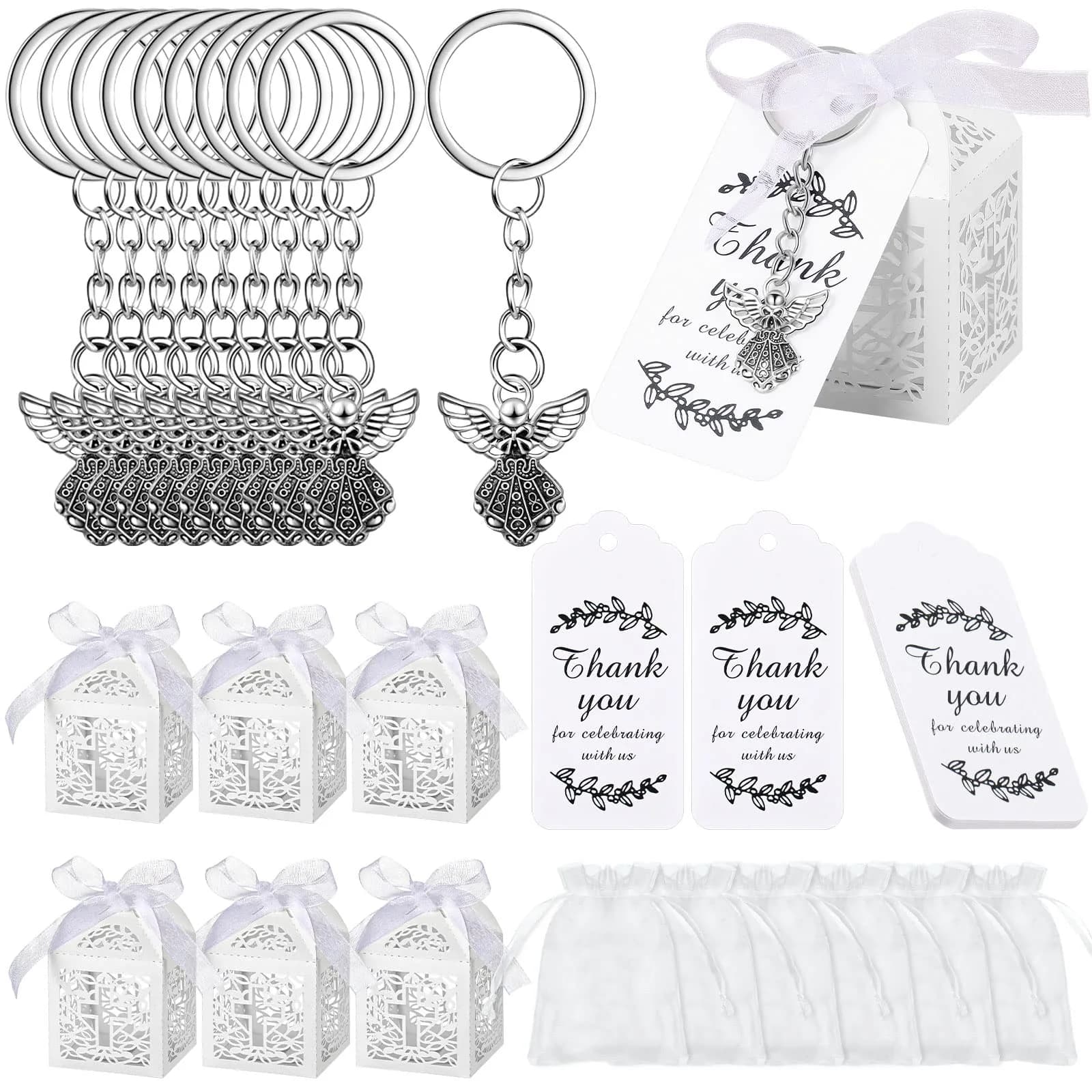 Bonuci White Angel Keychain Baptism Favors Set | 30 Sets (120 Pieces Total) - main product image