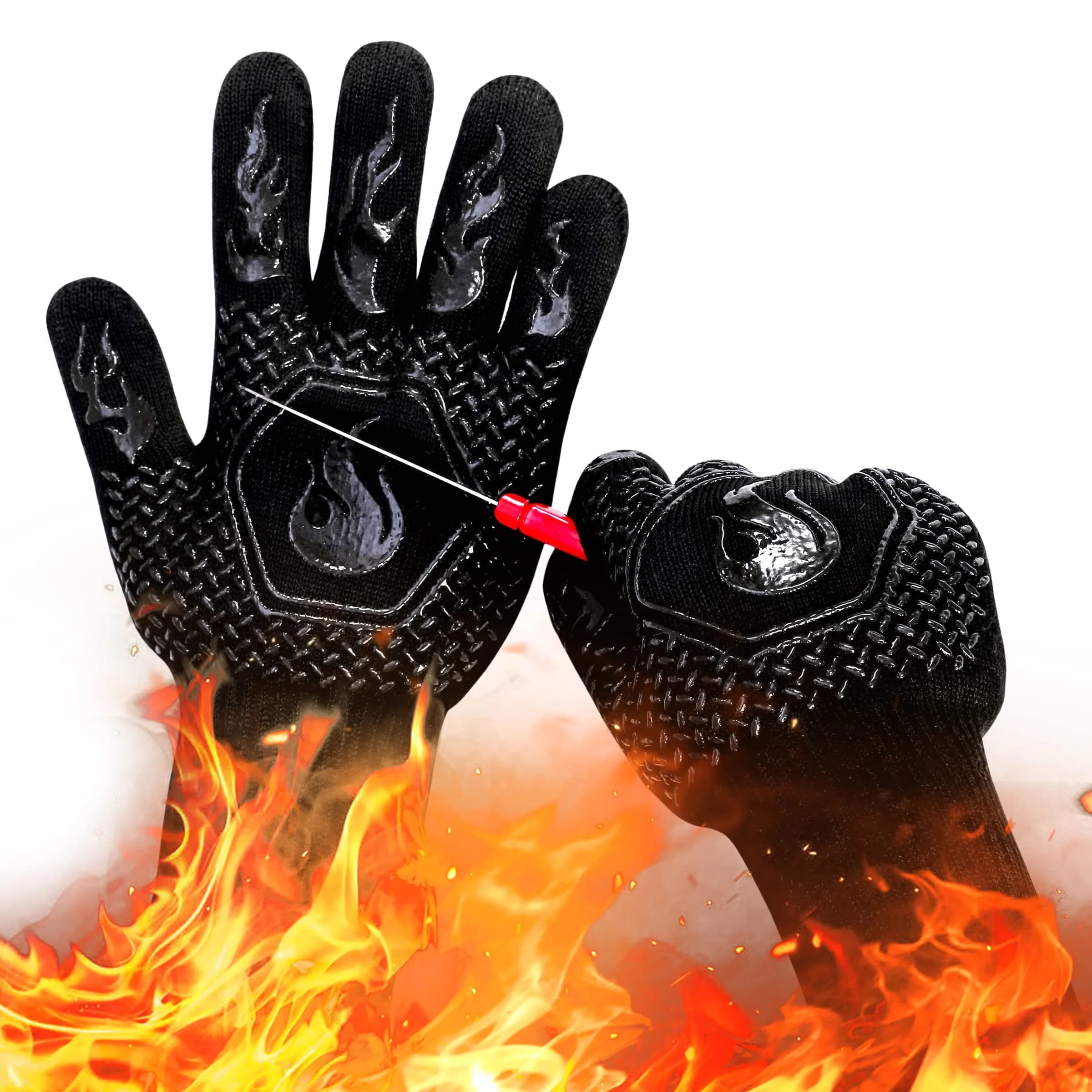 DKHDBD Red Heat Resistant BBQ Gloves 35.56cm (13.8in) | 1472°F Extreme Heat Protection — Black