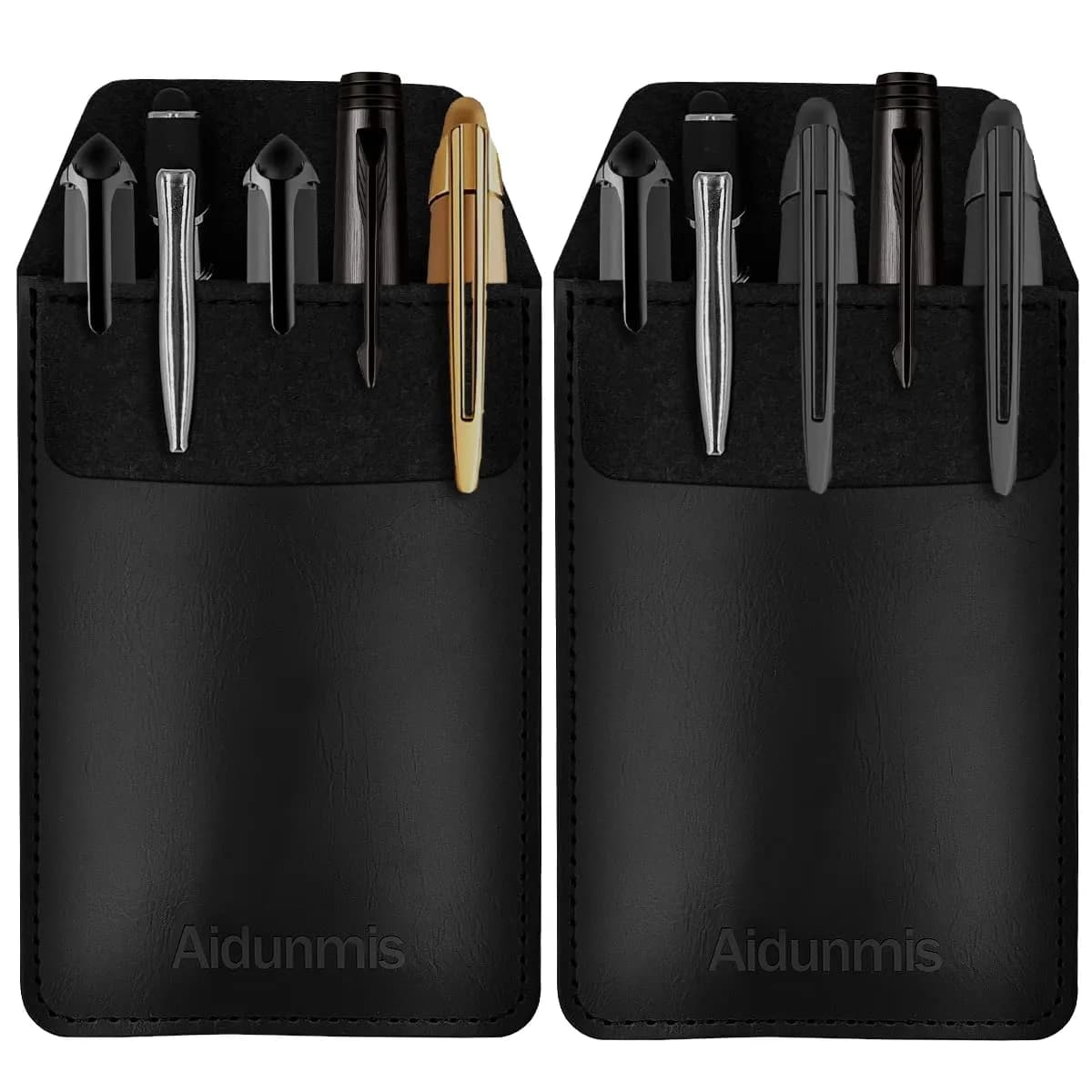 Aidunmis PU Leather Pocket Pen Holder Organizer Pouch 2 Pieces (Brown, Black) | Protects Shirts from Ink Spills — Black