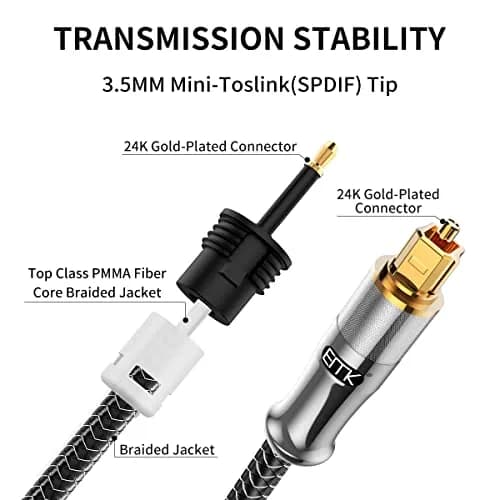 EMK 24K Gold-Plated Toslink to Mini Toslink Cable 2M (6ft) | High-Speed Digital Optical Audio Cable for Soundbar, Home Theater, TV thumbnail 4
