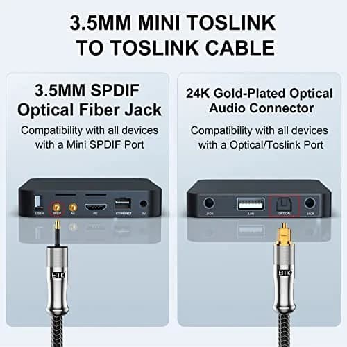 EMK 24K Gold-Plated Toslink to Mini Toslink Cable 2M (6ft) | High-Speed Digital Optical Audio Cable for Soundbar, Home Theater, TV thumbnail 5