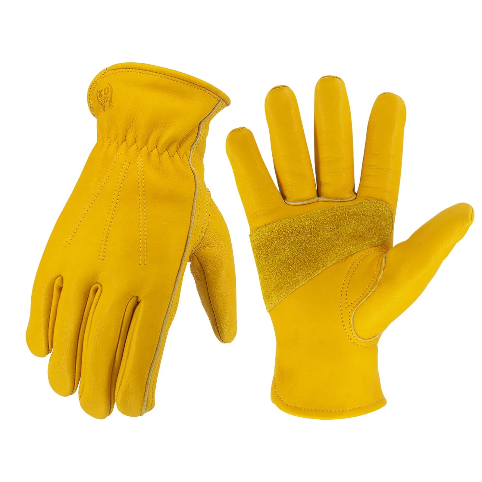 KKOYING Genuine Leather Work Gloves Medium | Reinforced Cowhide for Yardwork, Gardening, Construction — Golden