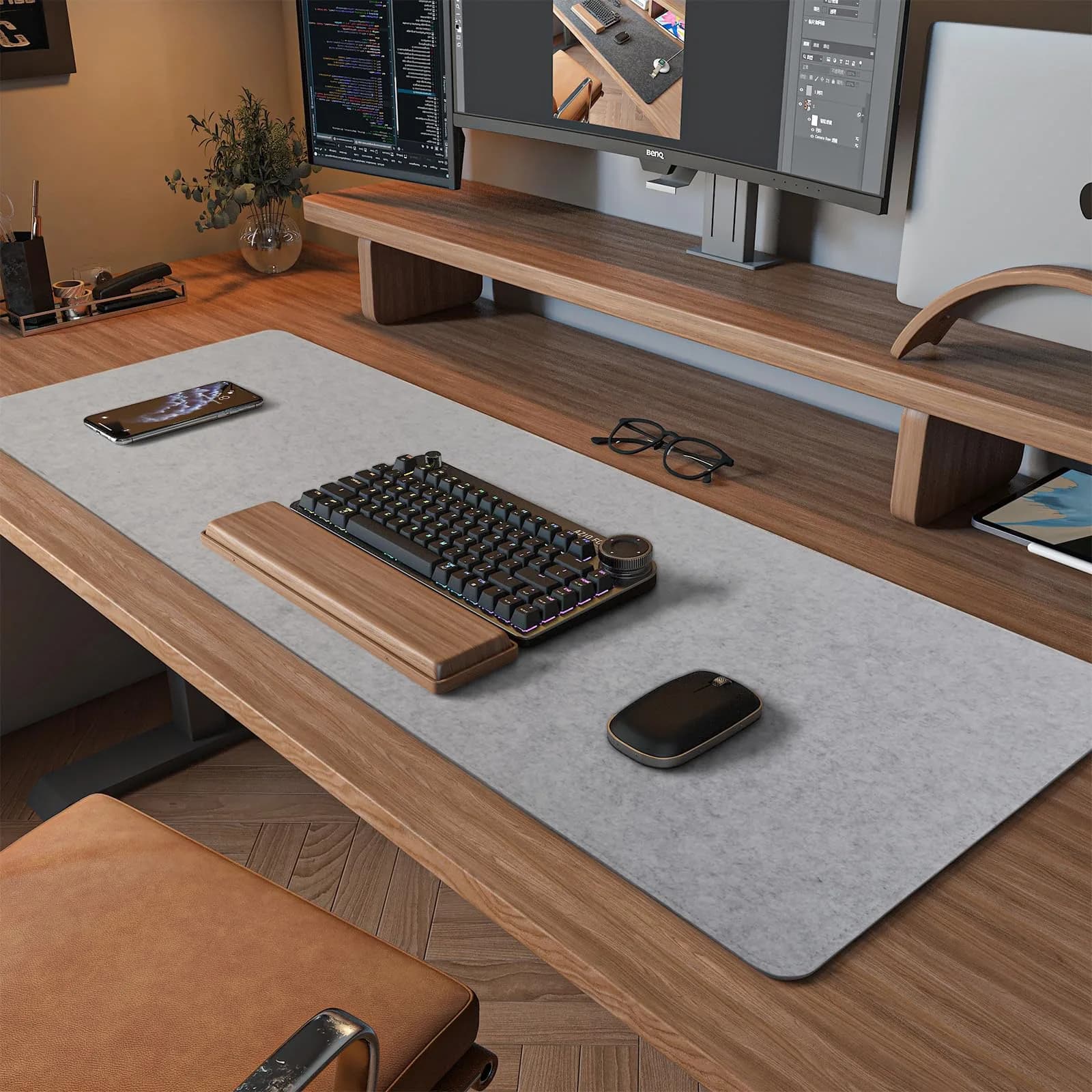 DAWNTREES Felt Desk Mat, Computer Mat for Desk, Dark Gray 91cm x 30cm (36x12Inches) | Non-Slip, Water Absorbing, Desk Protection — Light Gray / 36" x 12"