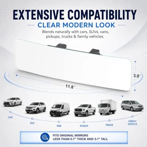 SkycropHD Wide Angle Panoramic Car Rearview Mirror, 12'' | Frameless, Convex, White thumbnail 7