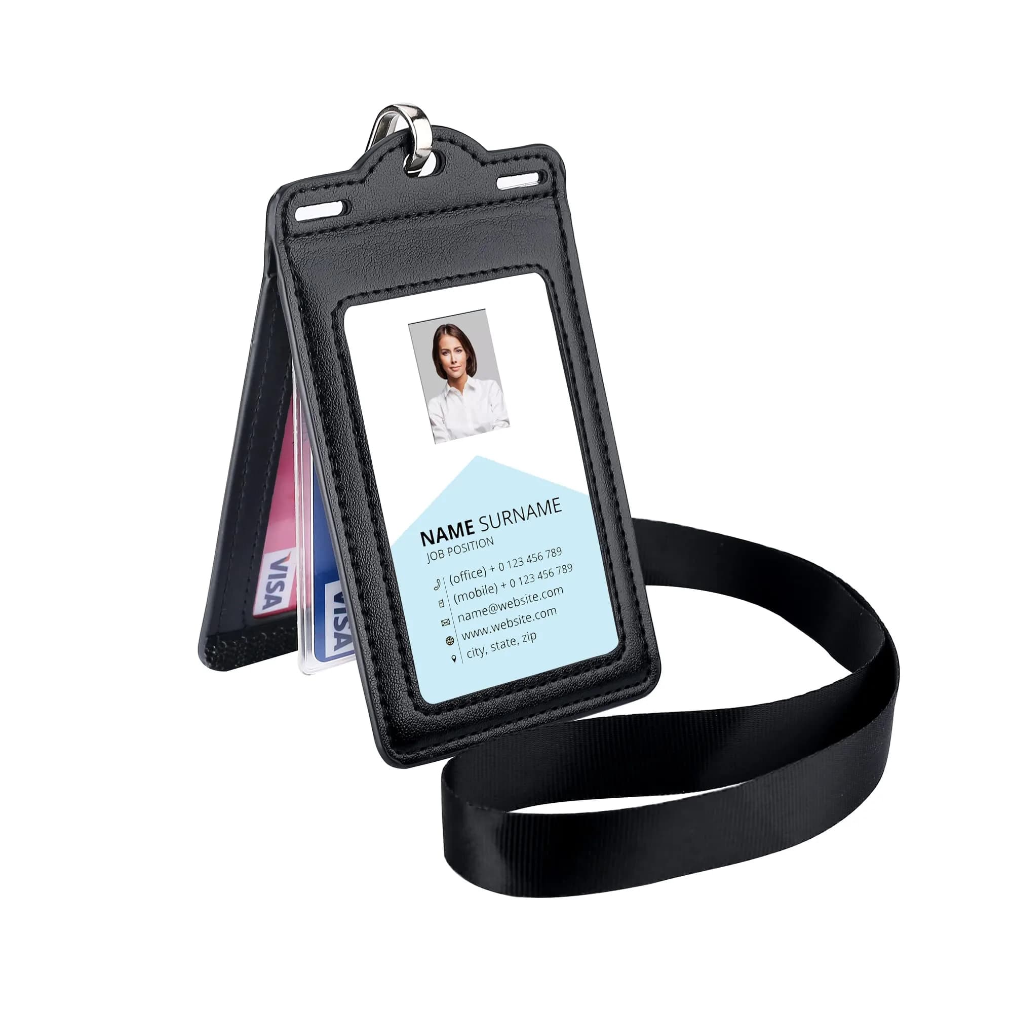 Ouessila Leather Badge Holder with Lanyard, Holds 6+ Cards, Black | Heavy Duty ID Card Holder for Professionals - main product image