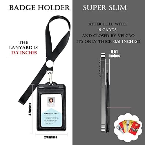 Ouessila Leather Badge Holder with Lanyard, Holds 6+ Cards, Black | Heavy Duty ID Card Holder for Professionals thumbnail 3