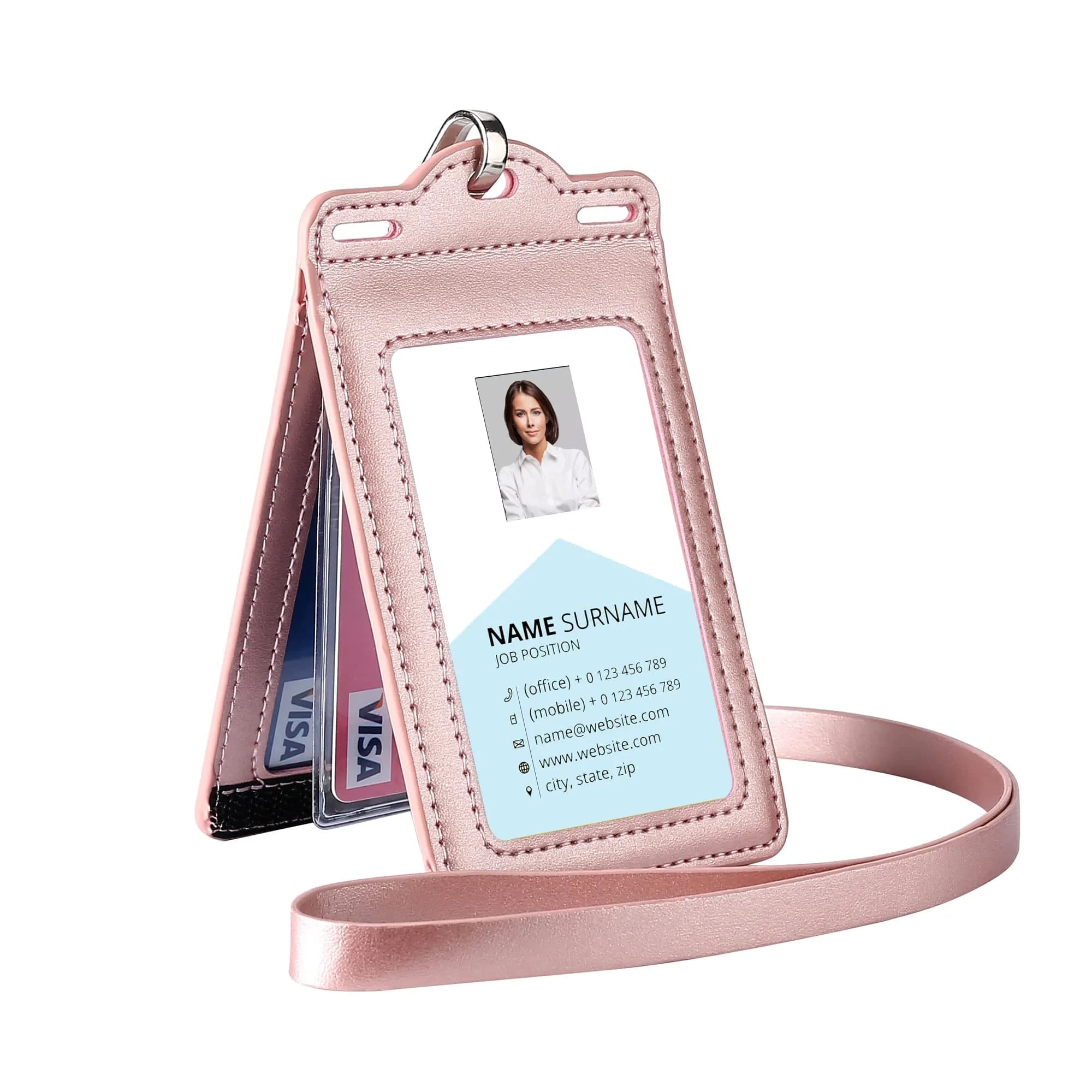 Ouessila Leather Badge Holder with Retractable Reel & 6 Card Slots | Double-Sided Clear ID Protector — Rose Gold
