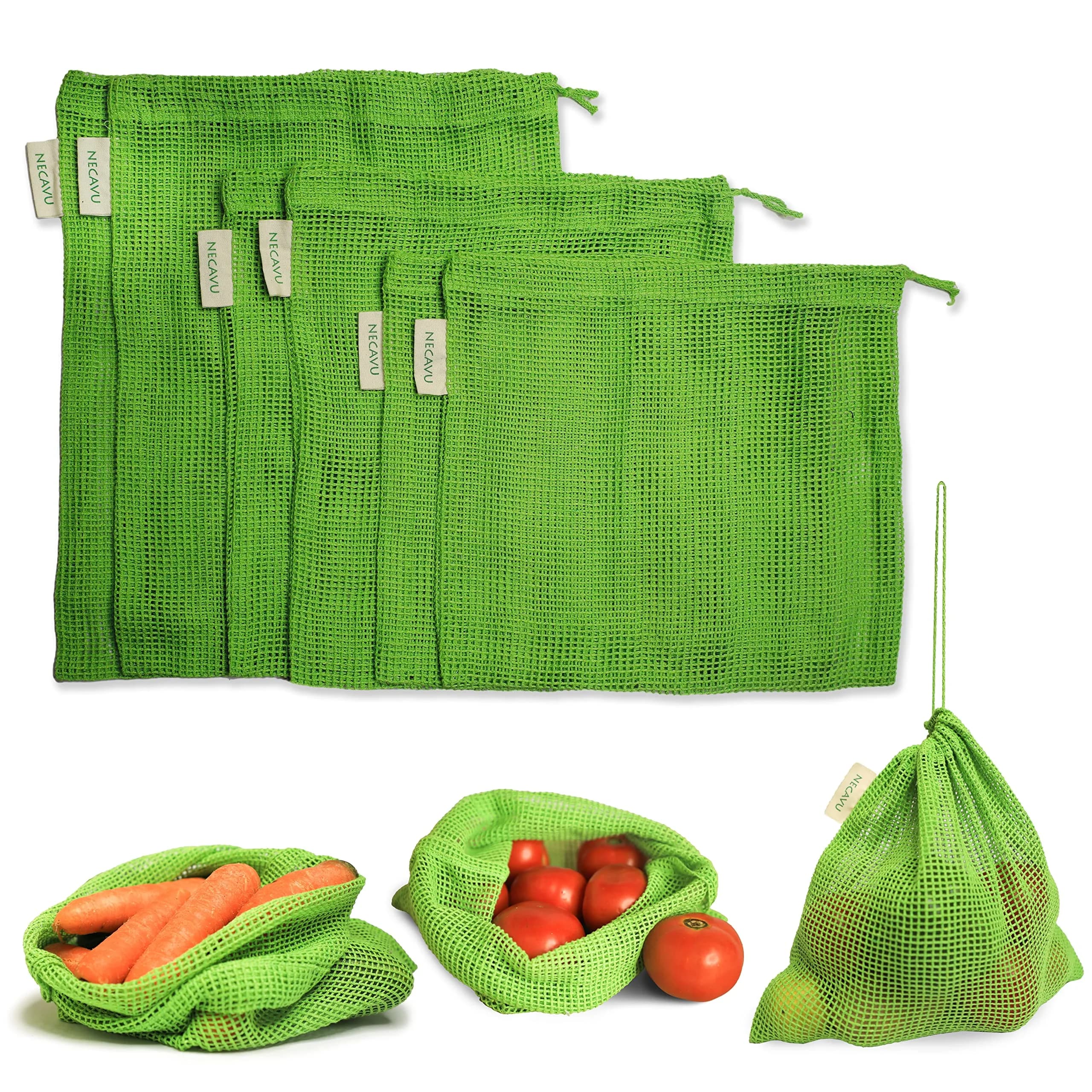 NECAVU 100% Cotton Mesh Grocery Bags Set of 2 (40x42cm) | Eco-Friendly Reusable Shopping Totes — Neem Green