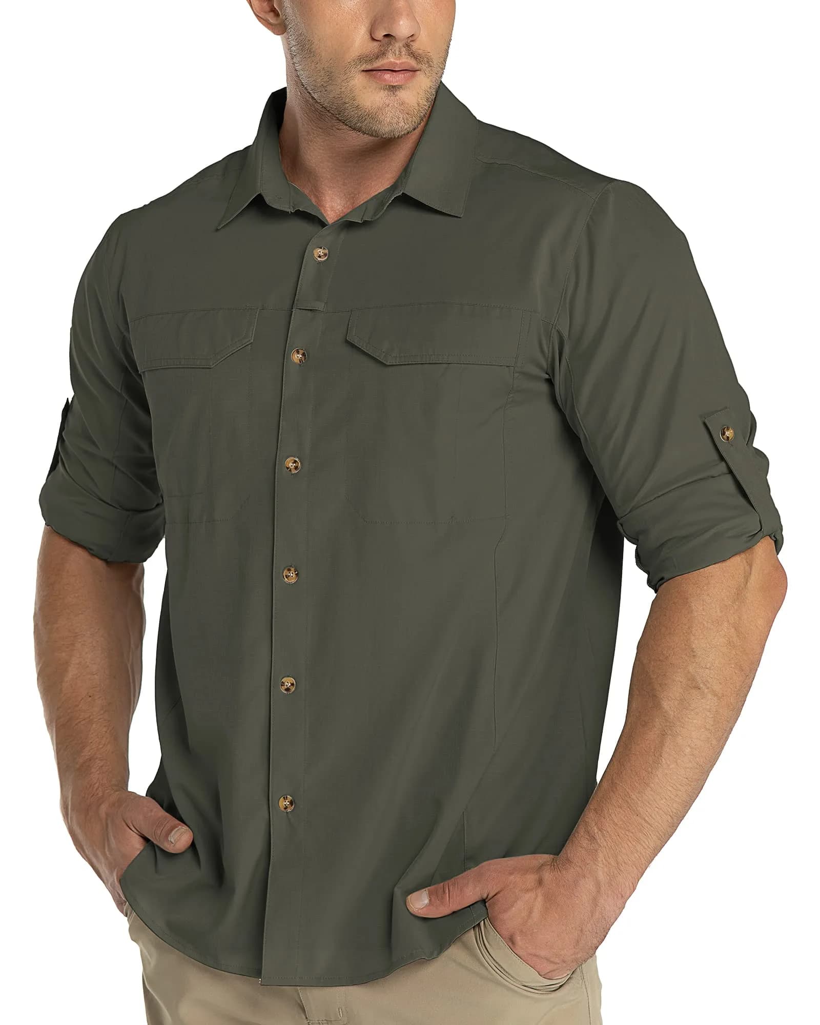 33,000ft Men's Long Sleeve Hiking Shirt XX-Large Silver Grey | Quick Dry UPF 50 Sun Protection — Green / Small