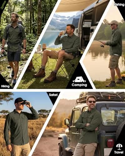 33,000ft Men's Long Sleeve Hiking Shirt UPF 50 Sun Protection 156 g (5.5 oz) Green | Quick Dry Breathable Safari Travel thumbnail 2