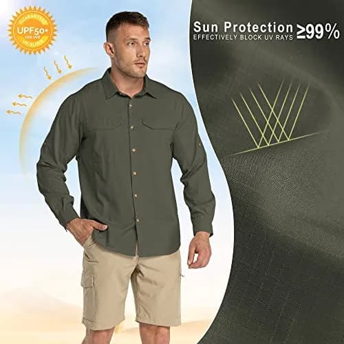 33,000ft Men's Long Sleeve Hiking Shirt UPF 50 Sun Protection 156 g (5.5 oz) Green | Quick Dry Breathable Safari Travel thumbnail 3