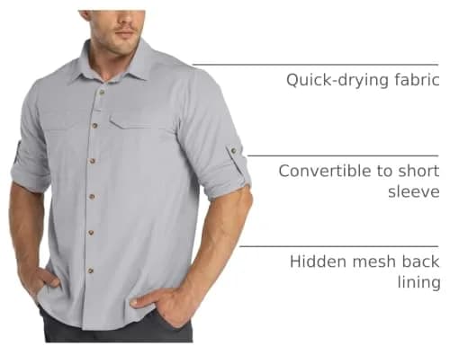 33,000ft Men's Long Sleeve Hiking Shirt UPF 50 Sun Protection Quick Dry Safari Style | Silver Grey Medium thumbnail 4