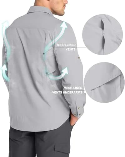 33,000ft Men's Long Sleeve Hiking Shirt UPF 50 Sun Protection Quick Dry Safari Style | Silver Grey Medium thumbnail 5