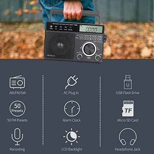 Retekess TR629 Portable Shortwave Radio with Digital AM FM SW, LCD Backlight, Alarm, Recorder, Black thumbnail 6