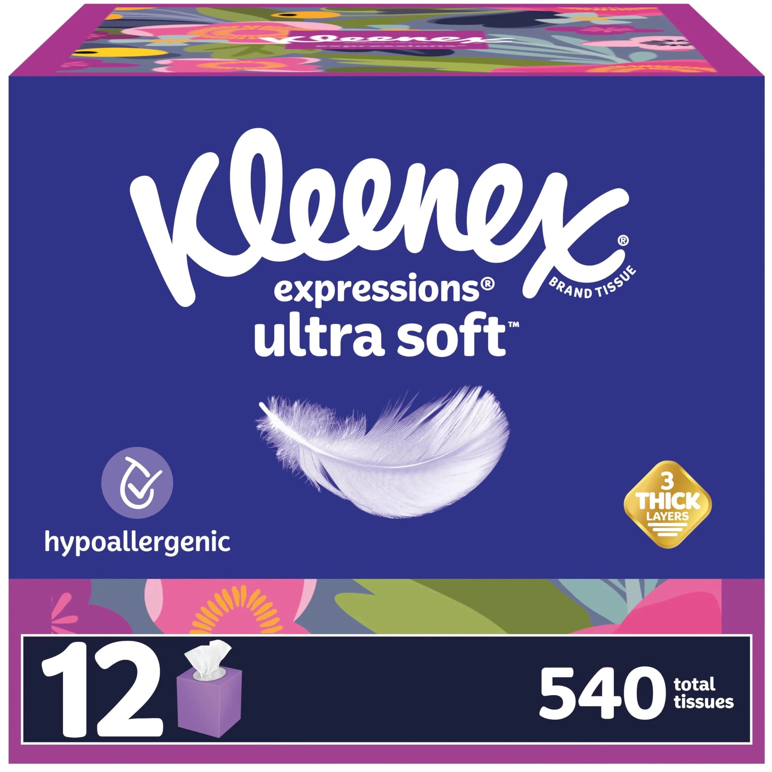 Kleenex Expressions Ultra Soft Facial Tissues, 12 Cube Boxes, 45 Tissues per Box, 3-Ply (540 Total Tissues) | Soft, Strong, and Absorbent for Everyday Use