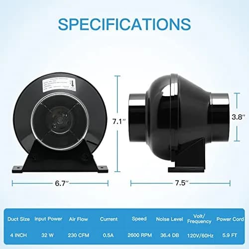 iPower 4 Inch 195 CFM Inline Ventilation Fan with Carbon Filter & Ducting | Grow Tent Air Circulation thumbnail 4