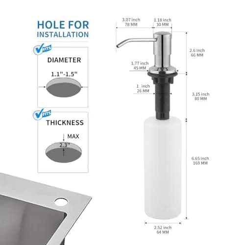 DOILIESE Built-in Soap Dispenser for Kitchen Sink, Chrome Stainless Steel Countertop Pump Head with 17OZ Refillable Bottle | Easy Top-Fill Design thumbnail 2
