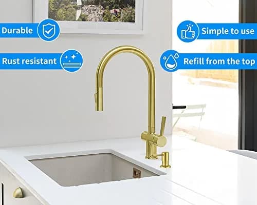 DOILIESE Gold Brushed Stainless Steel Built-in Soap Dispenser 500ml (17 Fl Oz) | Refillable Countertop Pump for Kitchen Sinks thumbnail 2