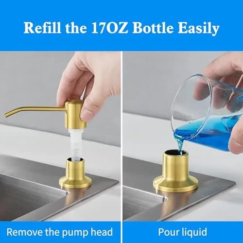 DOILIESE Gold Brushed Stainless Steel Built-in Soap Dispenser 500ml (17 Fl Oz) | Refillable Countertop Pump for Kitchen Sinks thumbnail 3
