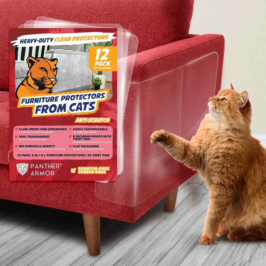 Panther Armor Clear Furniture Protector Sheets 12-Pack (6 XL + 6 L) | Protects Fabric Sofas & Chairs from Cat Claws