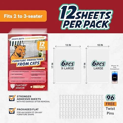 Panther Armor Clear Furniture Protector Sheets 12-Pack (6 XL + 6 L) | Protects Fabric Sofas & Chairs from Cat Claws thumbnail 7