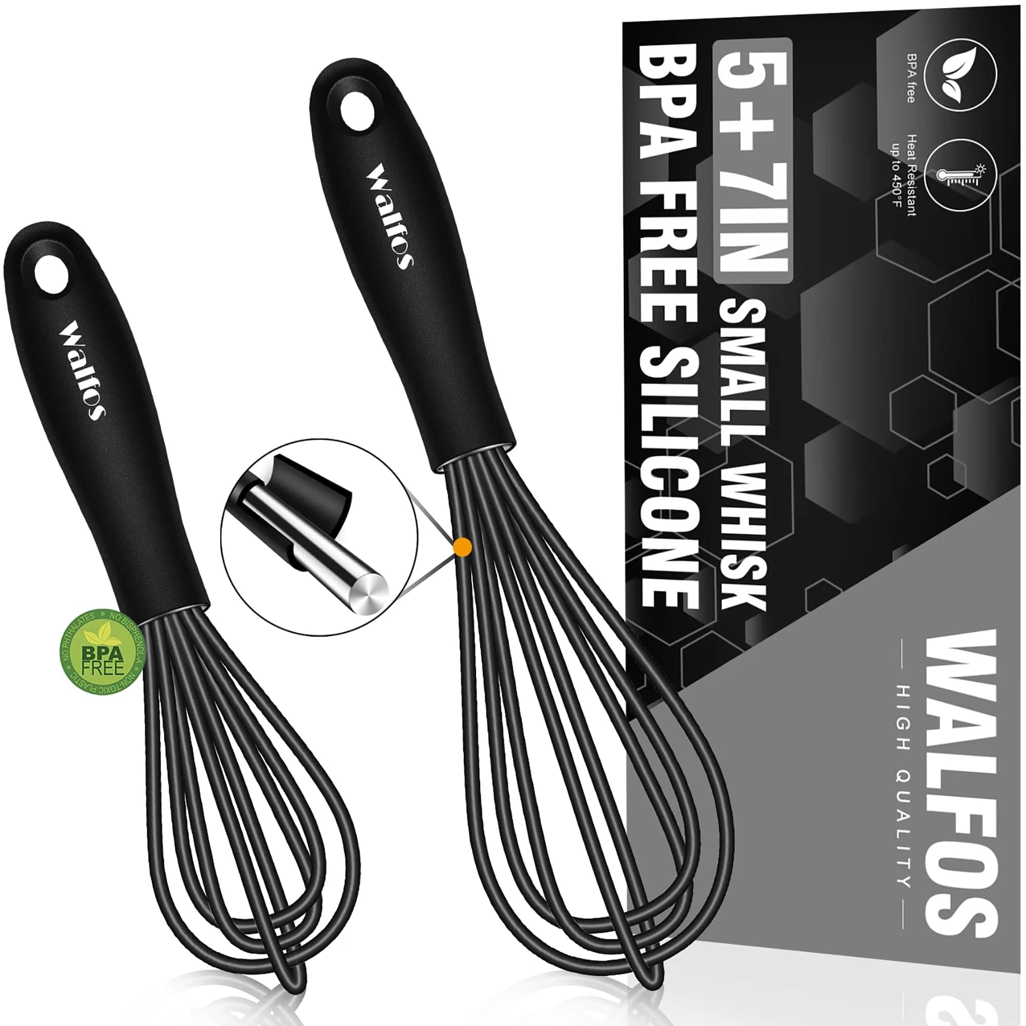 Walfos Mini Whisk 5.5in & 7.5in (14cm & 19cm) | Silicone Coated Stainless Steel for Non-Stick Cookware