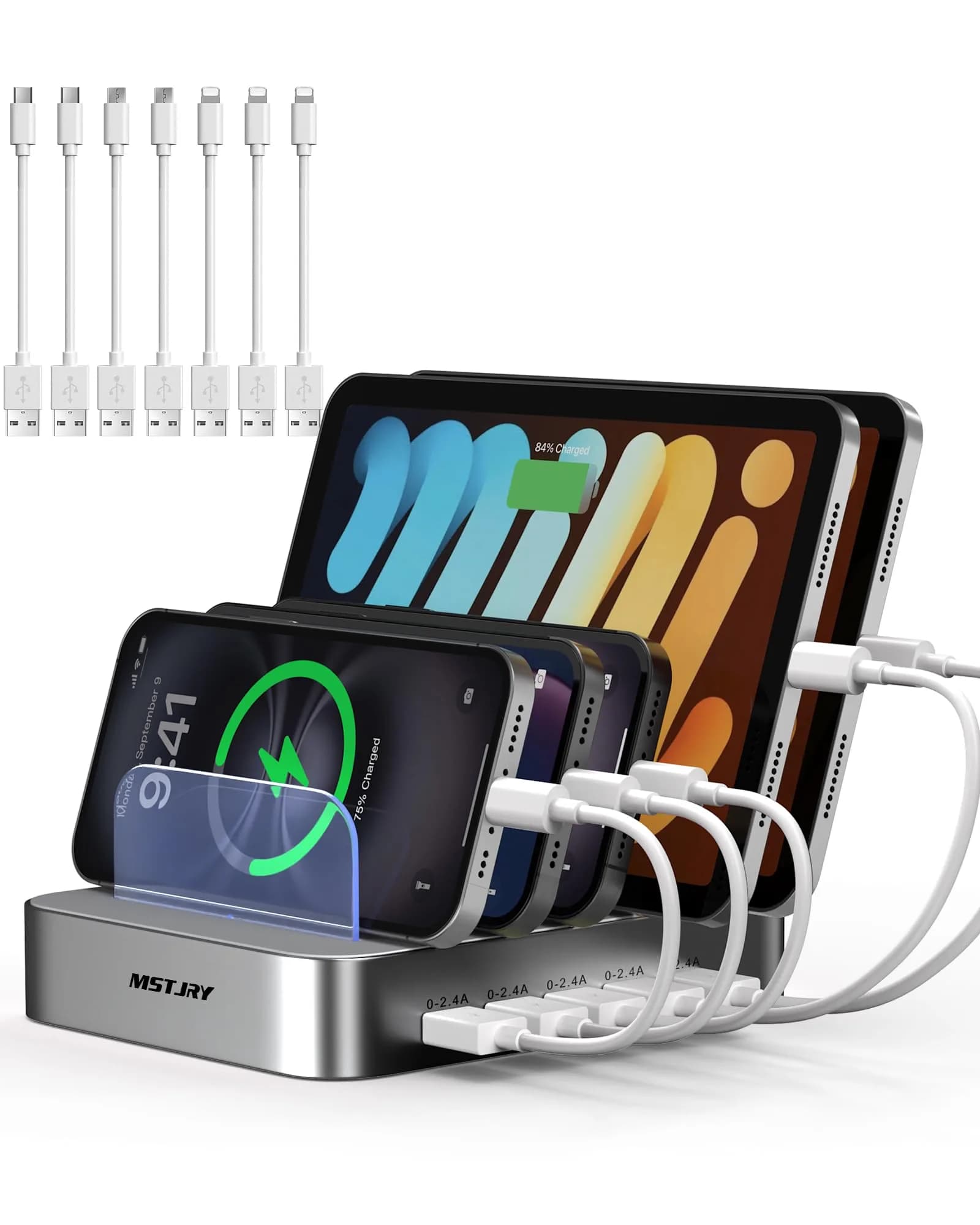 MSTJRY 5-Port USB-A Charging Station with 7 Cables, Silver | 50W 110-240V Compatible