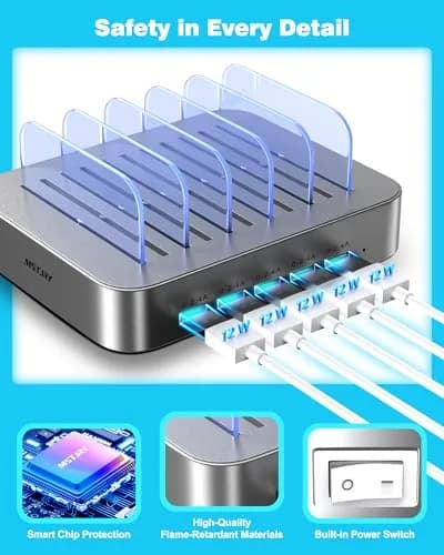 MSTJRY 5-Port USB-A Charging Station with 7 Cables, Silver | 50W 110-240V Compatible thumbnail 2