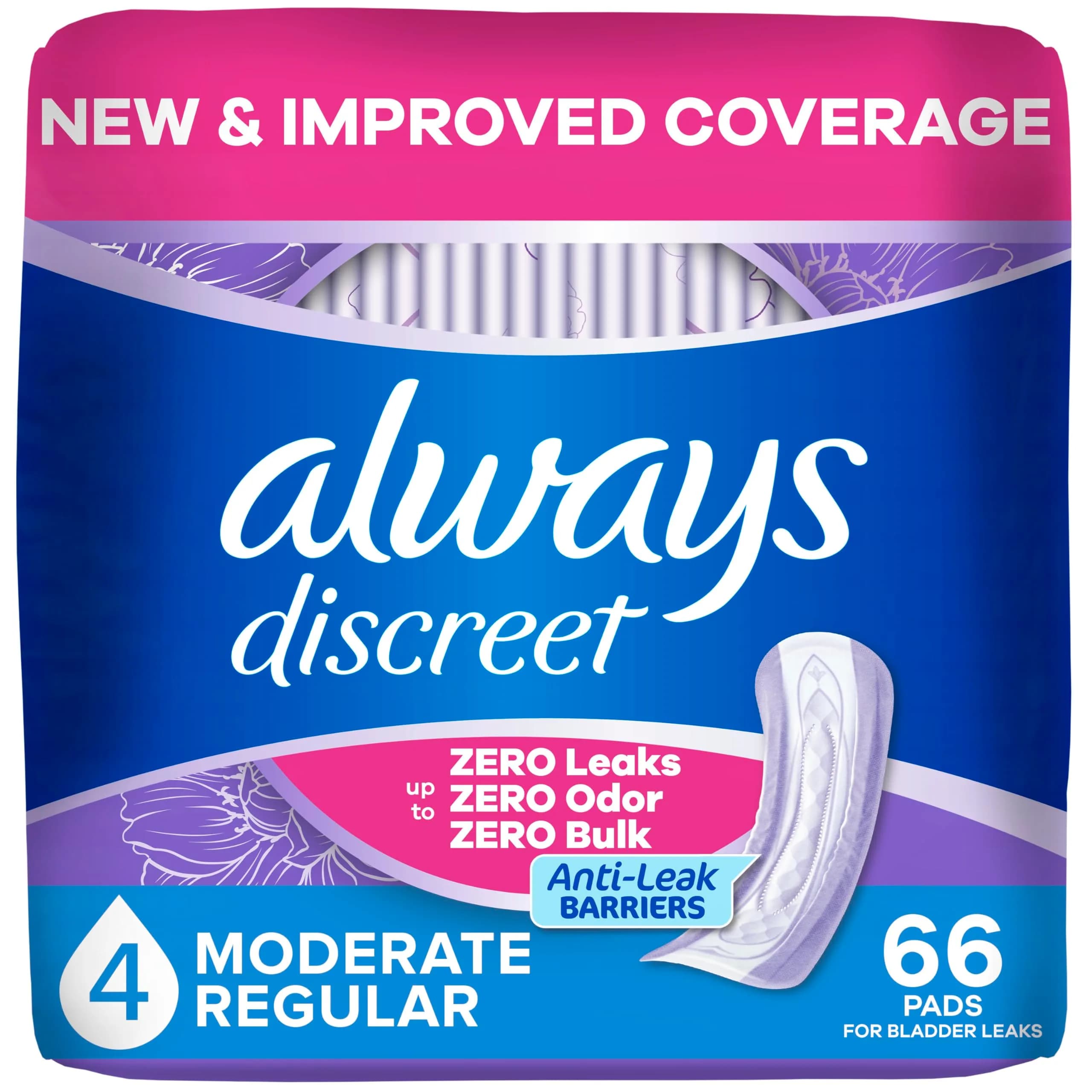 Always Discreet Adult Incontinence Pads for Women, Drier, Regular Length, Moderate Absorbency, 66ct | RapidDry Core Holds 5x Average Leak