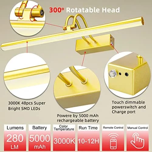 RAIFOOLLY Rechargeable Picture Light 16" Gold | 5000mAh Battery Operated Art Light with Remote Timer thumbnail 6