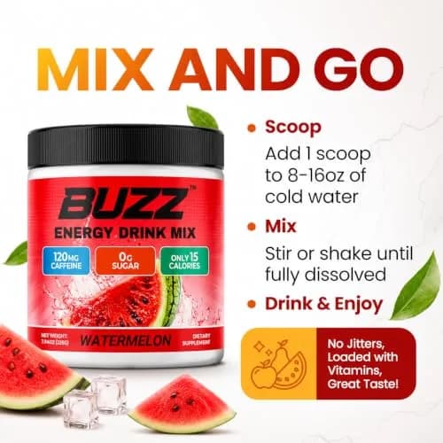 Morning Buzz Sugar Free Energy Drink Powder 30 Servings | Watermelon Flavor, cGMP Made in USA thumbnail 6