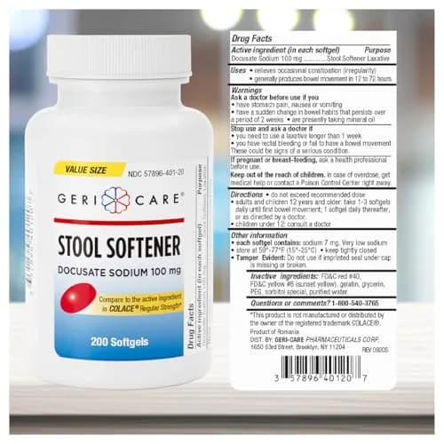 GeriCare Docusate Sodium Stool Softener 100mg | Gentle Constipation Relief for Adults, 200 Softgels thumbnail 7