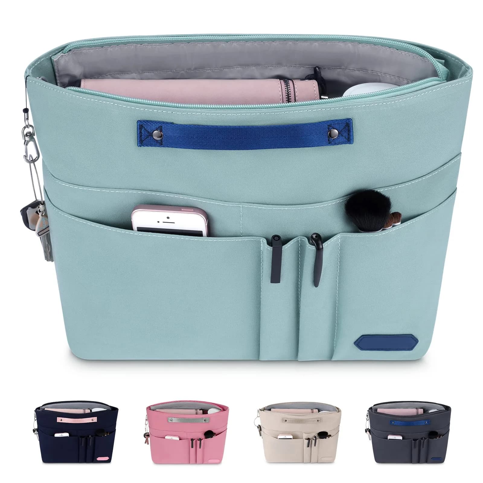 HyFanStr Pink Caddy | 15 Pockets Handbag Organizer Insert for Women, Tote Bag Inside Liner — Green / XL