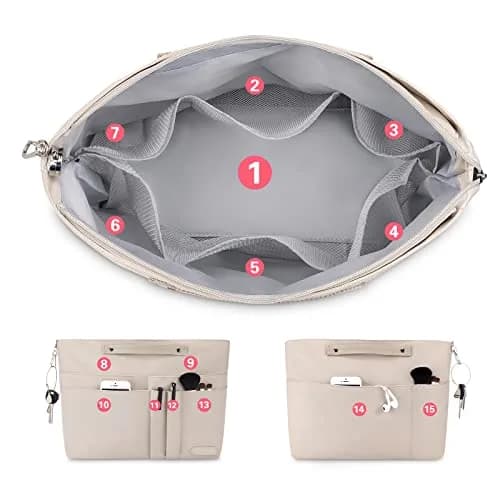 HyFanStr Purse Organizer Insert for Handbags, Tote Bag, Zipper Bag for Women with 15 Pockets, Beige | Ultra-light Waterproof Nylon thumbnail 3