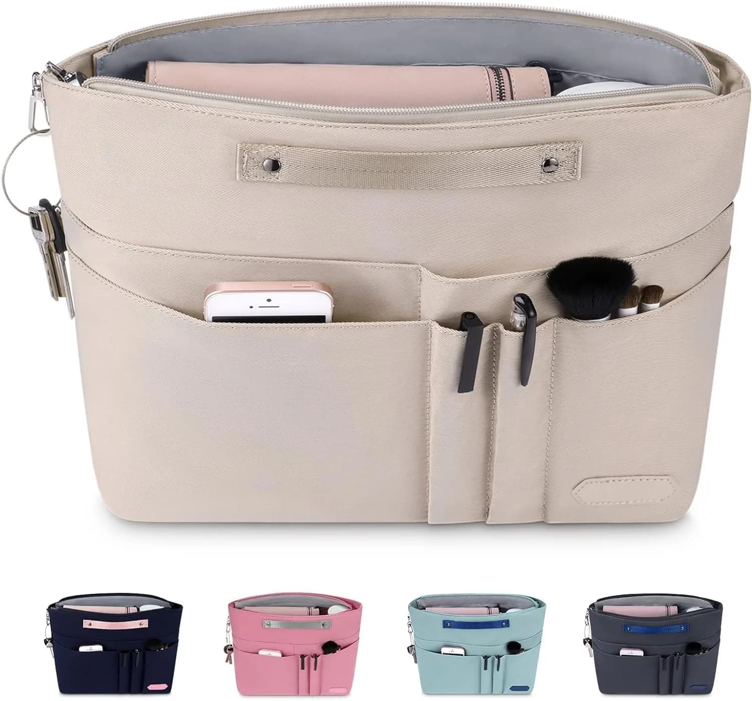 HyFanStr Pink Caddy | 15 Pockets Handbag Organizer Insert for Women, Tote Bag Inside Liner — Beige / L