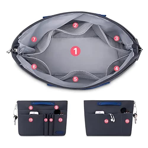 HyFanStr XL Gray Nylon Handbag Organizer Insert with 15 Pockets & Keychain | 39.6cm (15.6") x 12.4cm (4.9") x 25.4cm (10") thumbnail 3