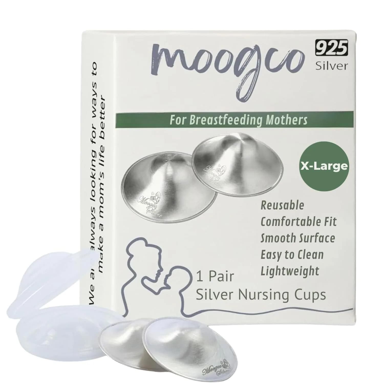 MOOGCO Original Silver Nursing Cups X-Large | 925 Sterling Silver Nipple Shields for Breastfeeding Comfort — 925k Silver