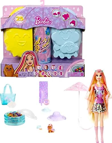 Barbie Color Reveal Sunshine & Sprinkles Doll & Accessories | 25 Surprises, Water & Color Change (100 words) thumbnail 1