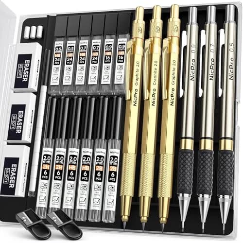 Nicpro Gold Art Mechanical Pencil Set with 0.5mm, 0.7mm, 0.9mm, 2mm Leads & Erasers | Value Pack for Students & Professionals thumbnail 1