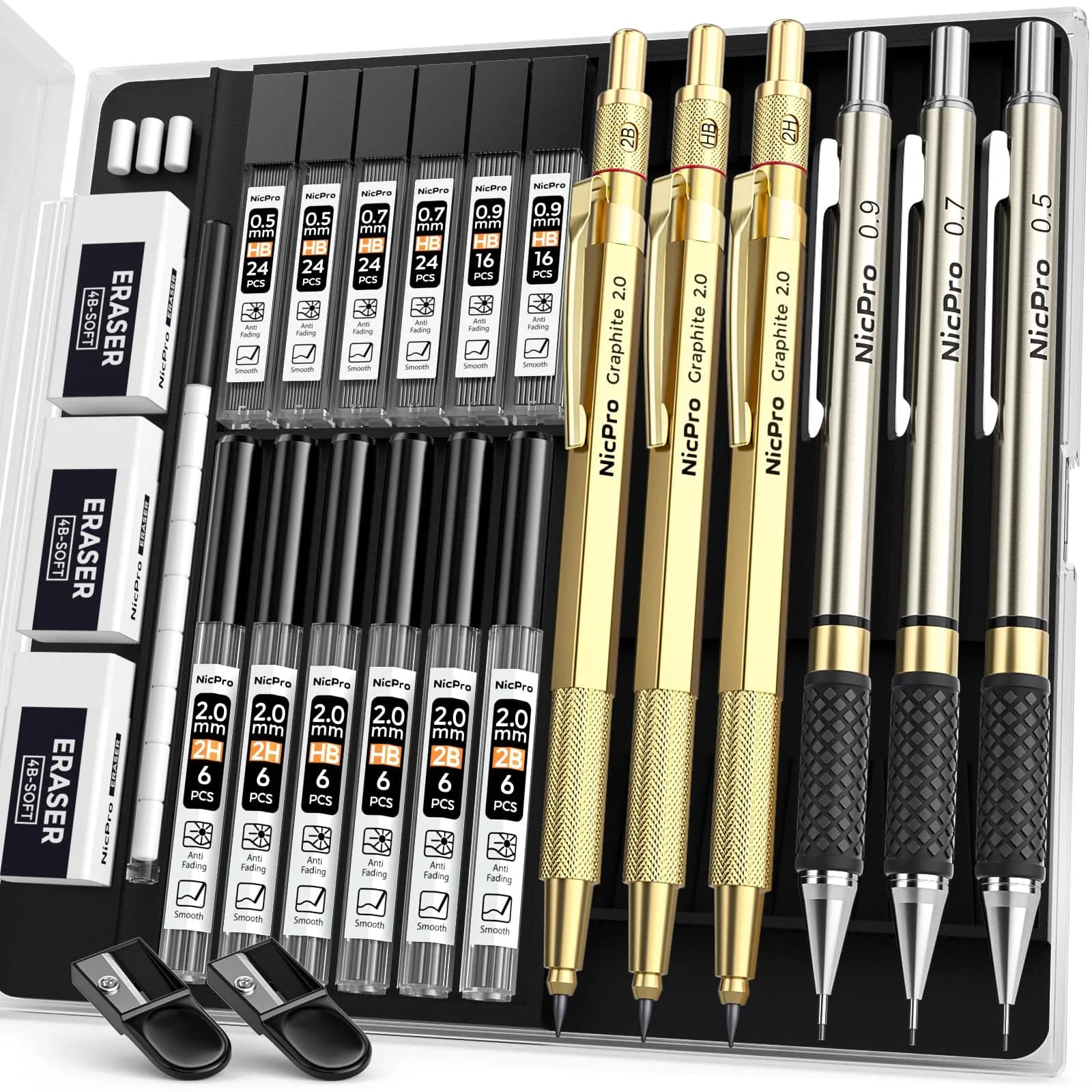 Nicpro 6PCS Art Mechanical Pencil Set with 0.5/0.7/0.9/2.0mm Leads & Erasers | Value Pack for Students & Professionals — Gold