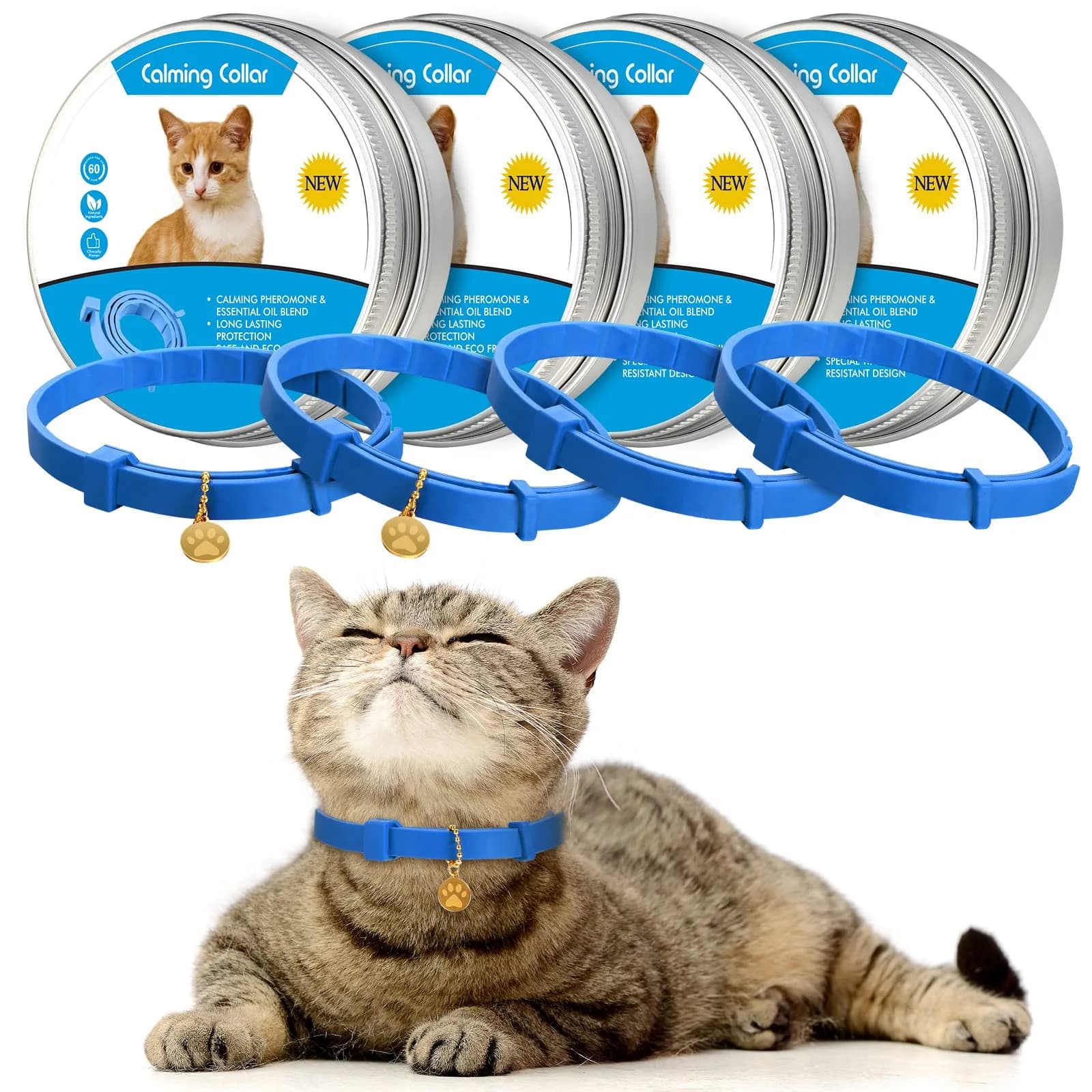 Weewooday 4pcs Black Cat Calming Collar with Pendants 38cm (15 Inches) | Pheromone-Infused for Stress & Anxiety Relief — Blue