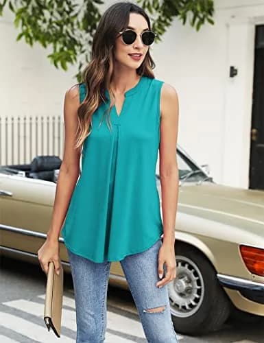 Newchoice V Neck Sleeveless Blouses in Teal Blue | Summer Casual Tank Top (XL, 0.168kg) thumbnail 3