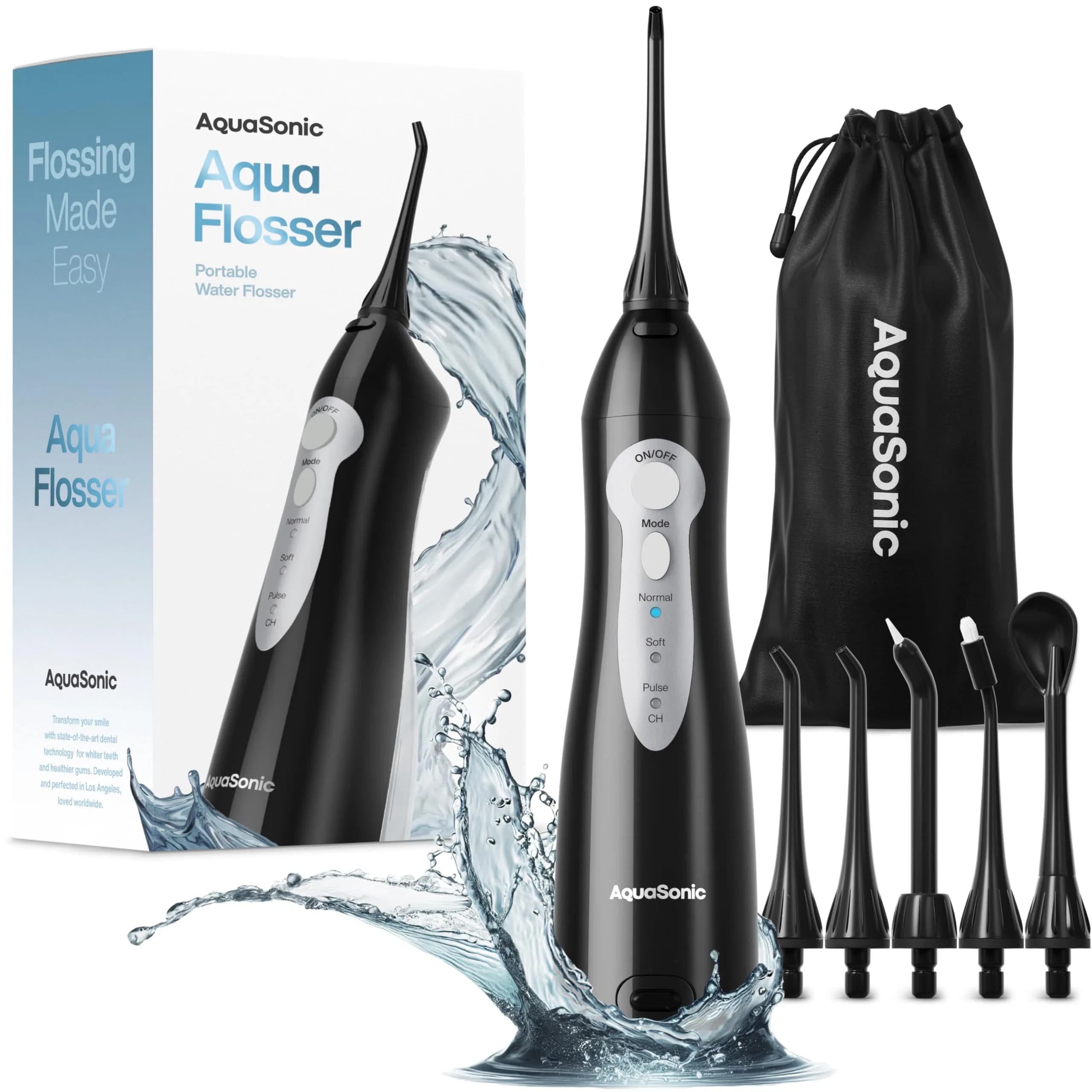 AquaSonic Aqua Flosser Cordless Rechargeable Water Flosser 500ml (16.9 Fl Oz) | Dentist Recommended for Deep Cleaning — Black