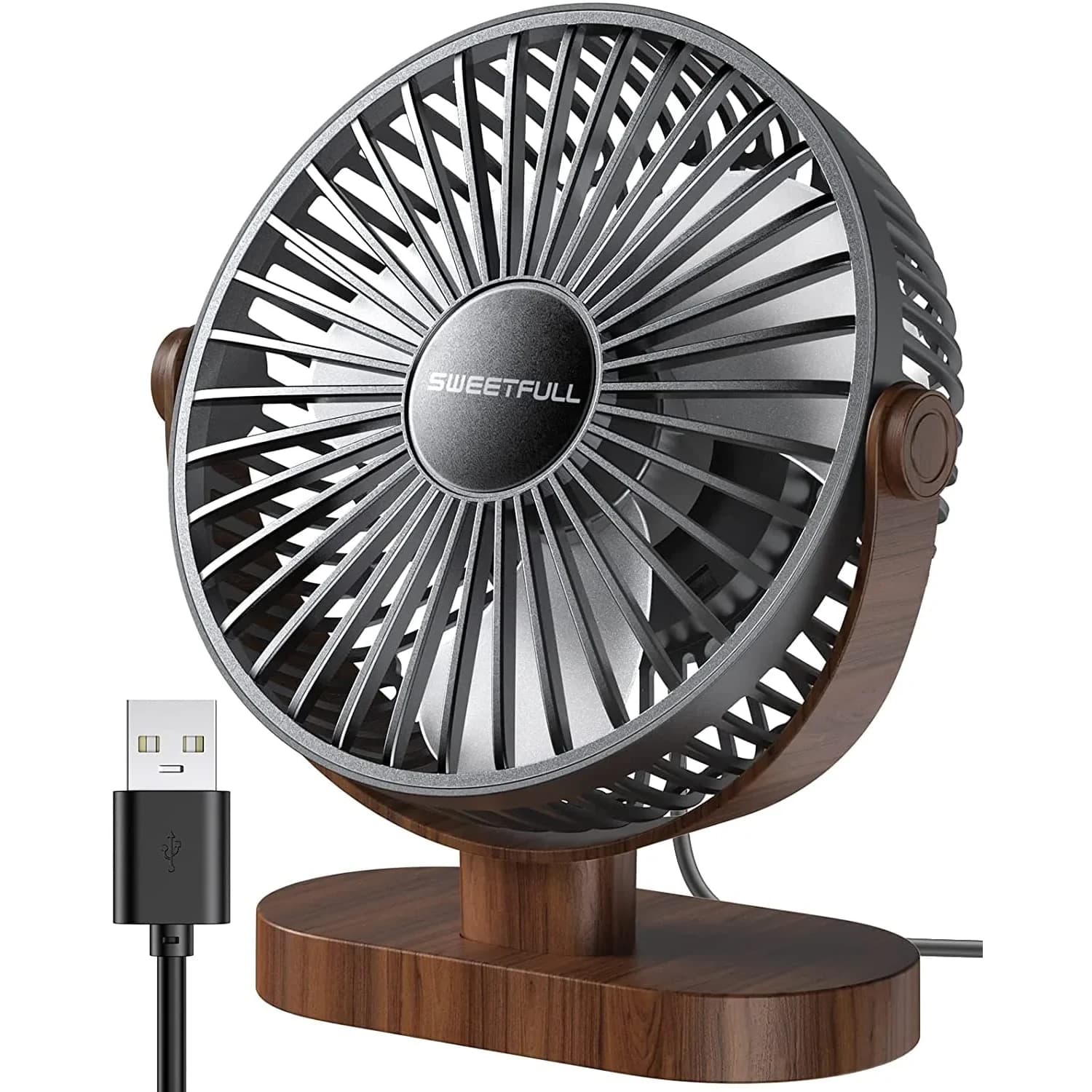 SWEETFULL Small USB Desk Fan, Black Wood Grain, 16.5cm (6.5 Inch) Fan Head | Quiet & Powerful Personal Cooling - main product image