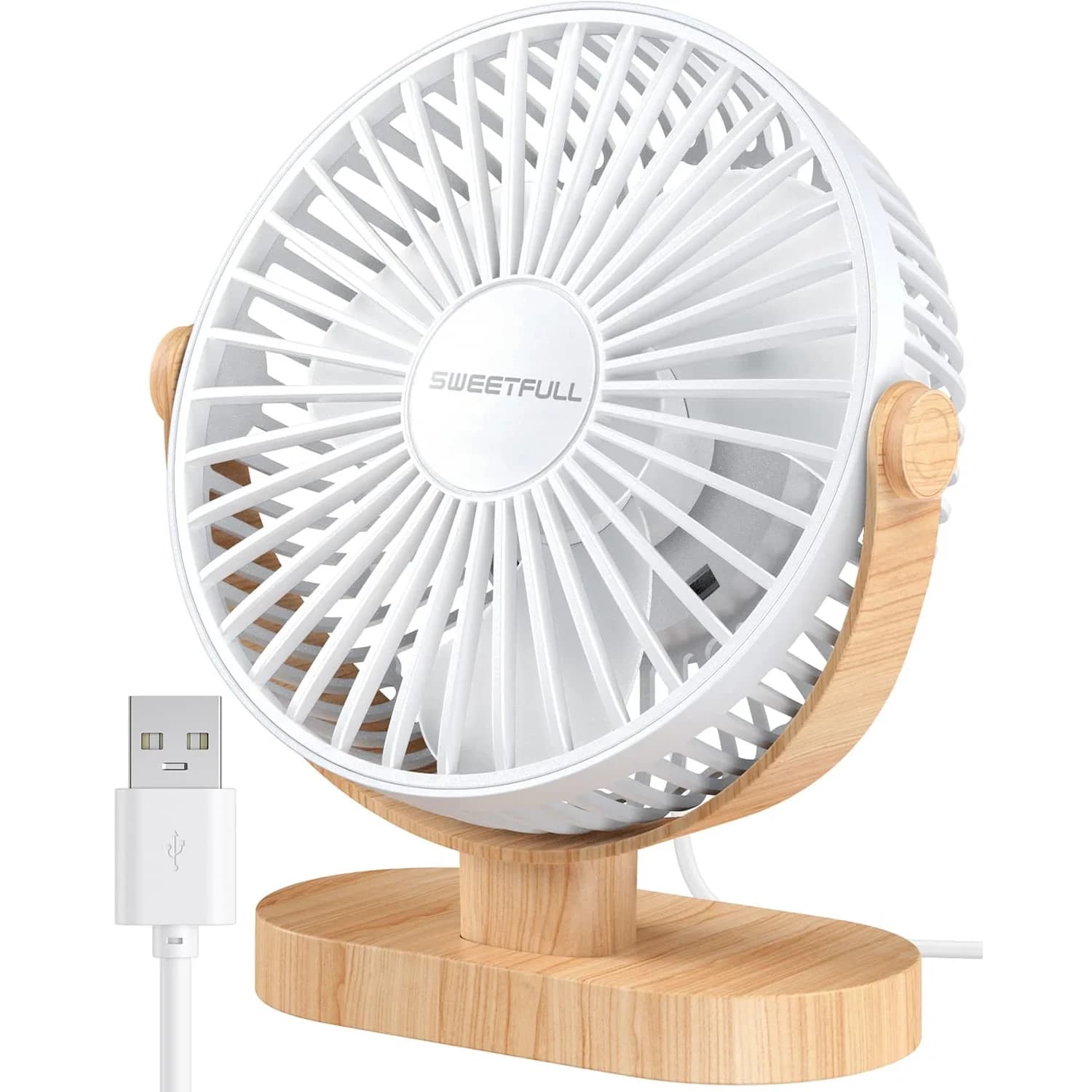 SWEETFULL Small USB Desk Fan, White Wood Grain, 14.7 cm (5.8") Airflow Area | Quiet Operation Under 25 dB