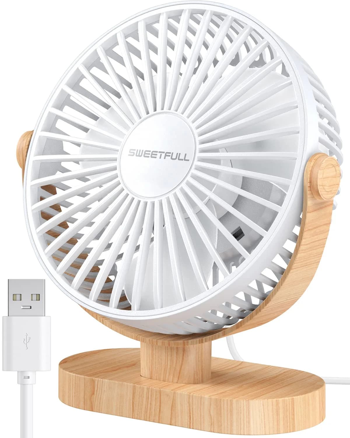 SWEETFULL Small USB Desk Fan, White Wood Grain, 14.7 cm (5.8") Airflow Area | Quiet Operation Under 25 dB — White Wood Grain
