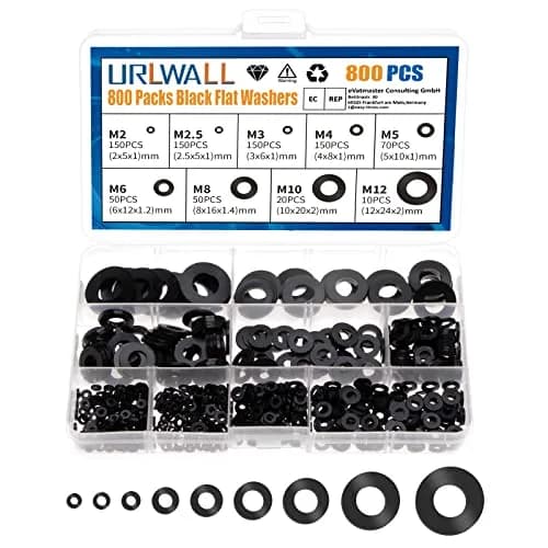 URLWALL 800Pcs Black Nylon Flat Washer Assortment Set M2-M12 | Protects Parts & Screws thumbnail 1