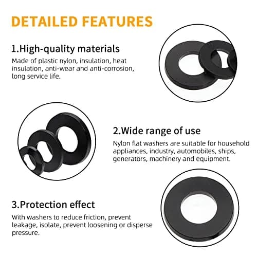 URLWALL 800Pcs Black Nylon Flat Washer Assortment Set M2-M12 | Protects Parts & Screws thumbnail 4